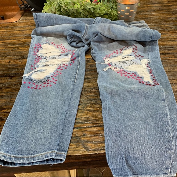 Boho Blue Jeans Distressed Bandana Print Embroidered Embroidery Cotton 17 - Picture 3 of 16